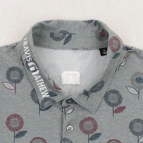 Travis Mathew Golf Polo Shirt Men's XL Gray Purple Blue Floral Pattern Spell Out - Picture 7 of 9